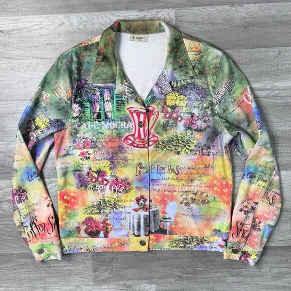 Whimsical Cafe Scene Print Jacket Lightweight Size Small Y2K Style - Picture 2 of 8